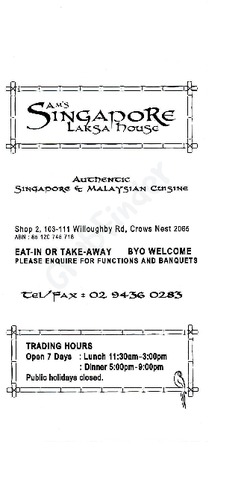 Scanned takeaway menu for Sam’s Singapore Laksa House
