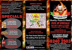 Scanned takeaway menu for Sa’s smokin pizza