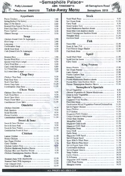 Scanned takeaway menu for Semaphore Palace