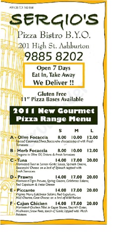Scanned takeaway menu for Sergios Pizza Bistro