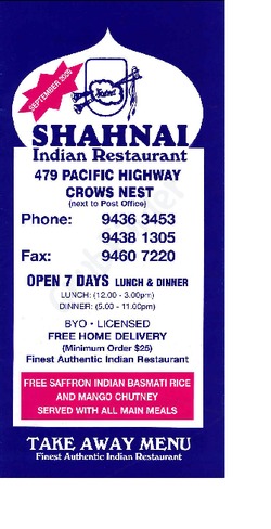 Scanned takeaway menu for Shahnai Indian Restaurant