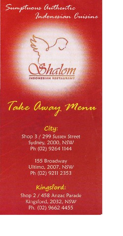 Scanned takeaway menu for Shalom Indonesian Restaurant