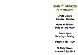 Scanned takeaway menu for Shri Ganesh Indian Restaurant – Closed