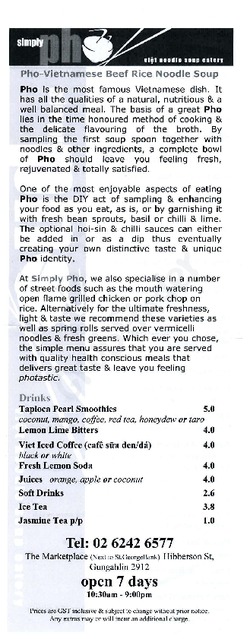 Scanned takeaway menu for Simply Pho