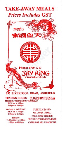 Scanned takeaway menu for Sky King Restaurant