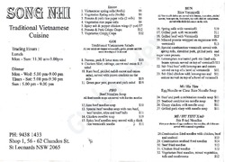 Scanned takeaway menu for Song Nhi Vietnamese