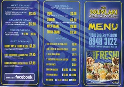 Scanned takeaway menu for The Souvlaki Grill and Chill