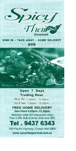 Scanned takeaway menu for Spicy Thai Gourmet