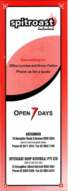 Scanned takeaway menu for Spitroast Shop Kirribilli