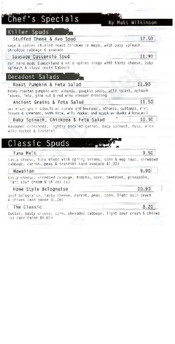 Scanned takeaway menu for SpudBar
