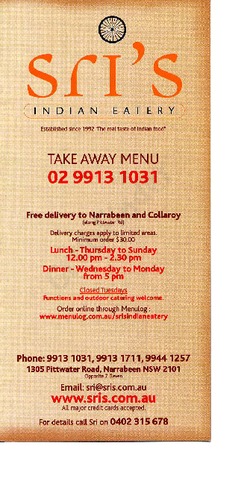 Scanned takeaway menu for Sri’s Indian Eatery