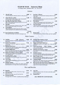 Scanned takeaway menu for Star Of Siam