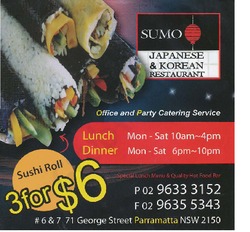 Scanned takeaway menu for Sumo Japanese & Korean