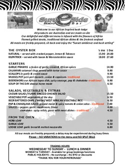 Scanned takeaway menu for Sun’e’Side Bistro Bar