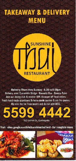Scanned takeaway menu for Sunshine Thai Restaurant