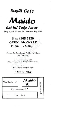 Scanned takeaway menu for Sushi Cafe Maido