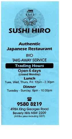 Scanned takeaway menu for Sushi Hiro
