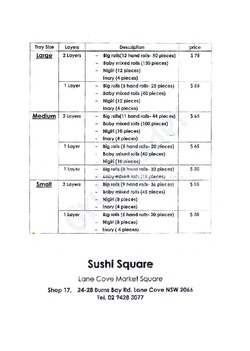 Scanned takeaway menu for Sushi Square