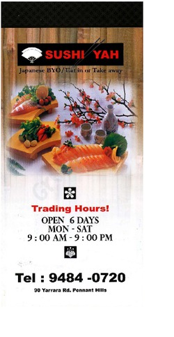 Scanned takeaway menu for Sushi Yah
