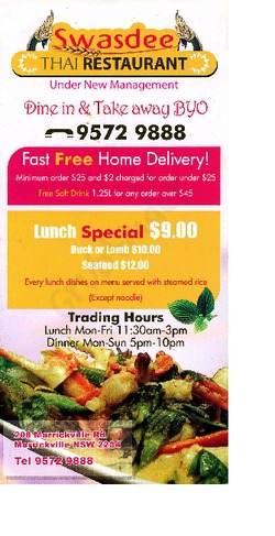 Scanned takeaway menu for Swasdee Thai Restaurant