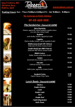 Scanned takeaway menu for Taboon Modern Middle Eastern Cafe