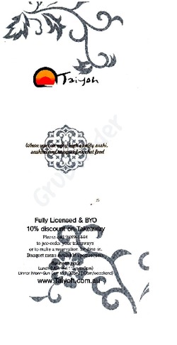 Scanned takeaway menu for Taiyoh Japanese Restaurant