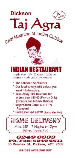 Scanned takeaway menu for Taj Agra Indian Restaurant