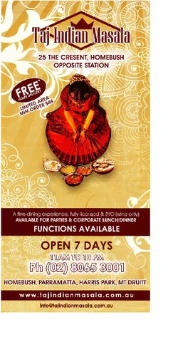 Scanned takeaway menu for Taj Indian Masala
