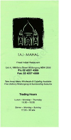 Scanned takeaway menu for Taj Mahal Finest Indian Restaurant