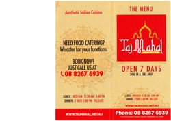Scanned takeaway menu for Taj Mahal Authentic Indian Cuisine