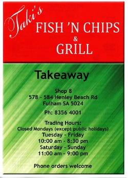 Scanned takeaway menu for Taki’s Fish ‘n Chips & Grill – Closed