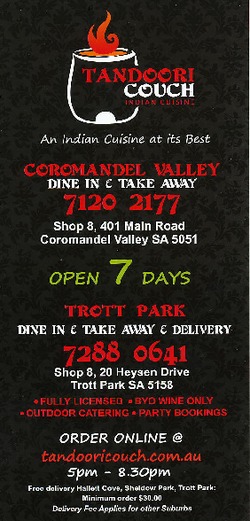 Scanned takeaway menu for Tandoori Couch Indian Cuisine – Coromandel Valley