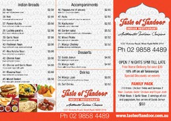 Scanned takeaway menu for Taste of Tandoor Indian Restaurant