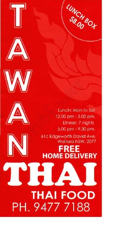 Scanned takeaway menu for Tawan Thai