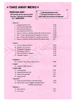 Scanned takeaway menu for Teriyaki Boy