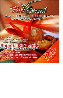 Scanned takeaway menu for Thai Cereal