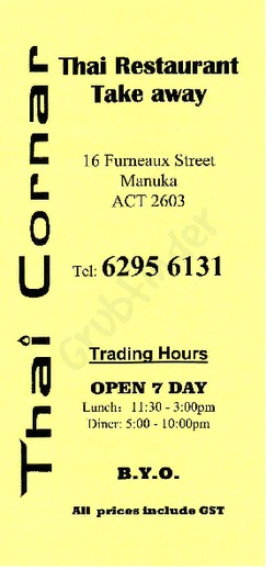 Scanned takeaway menu for Thai Cornar Manuka