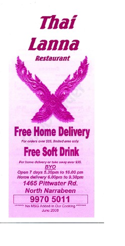 Scanned takeaway menu for Thai Lanna Restaurant