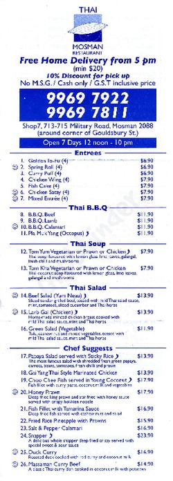 Scanned takeaway menu for Thai At Mosman