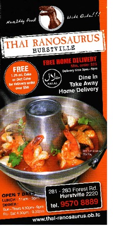Scanned takeaway menu for Thai Ranosaurus