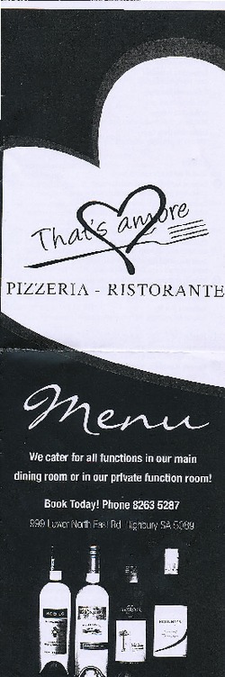 Scanned takeaway menu for That’s Amore Pizzeria