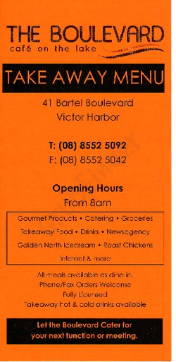 Scanned takeaway menu for The Boulevard Cafe On The Lake