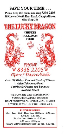 Scanned takeaway menu for The Lucky Dragon Chinese Restaurant