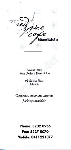 Scanned takeaway menu for The Red Spice Cafe