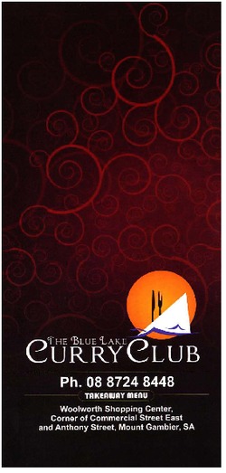 Scanned takeaway menu for The Blue Lake Curry Club – Closed