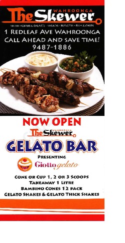 Scanned takeaway menu for The Skewer Wahroonga