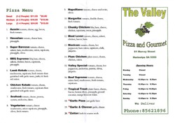 Scanned takeaway menu for The Valley Pizza & Gourmet
