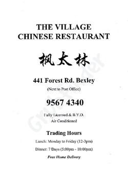 Scanned takeaway menu for The Village Chinese Restaurant