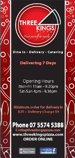 Scanned takeaway menu for Three Kings Pizza