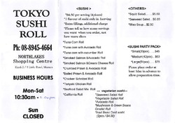 Scanned takeaway menu for Tokyo Sushi Roll